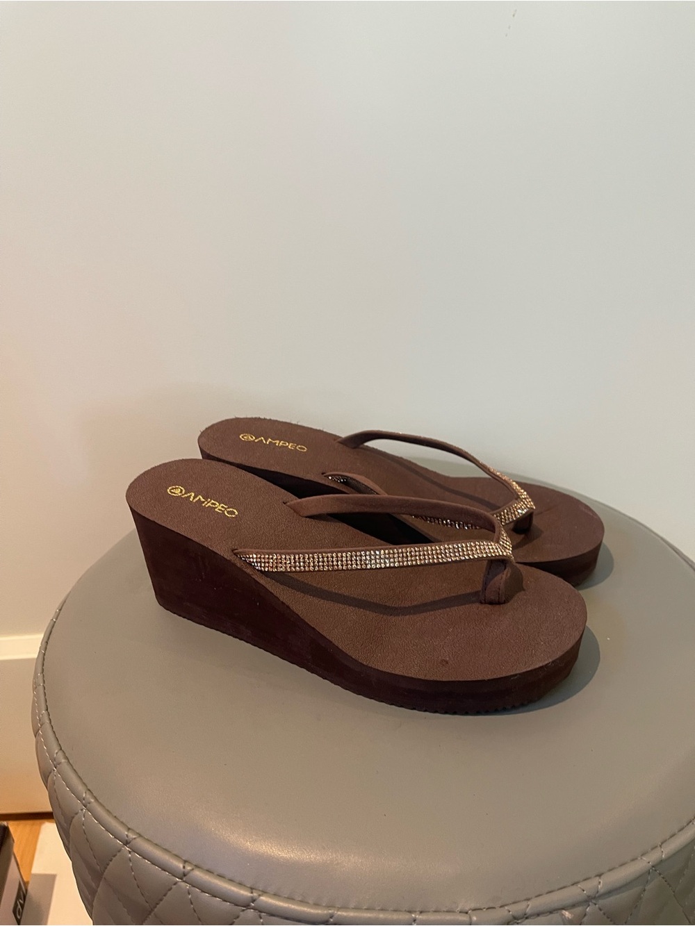 Women’s Brown Wedge Flip Flops with Sparkle Straps